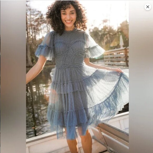 NWT Ivy City Co Whimsical Short Dress Slate Blue Tulle Women's Medium Tiered - Picture 3 of 16